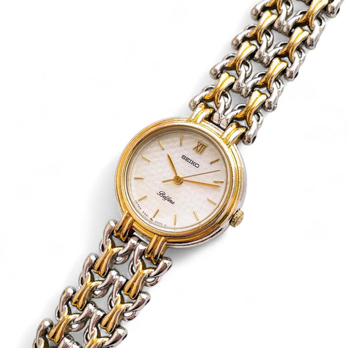 Vintage 90s Two-Tone Seiko Belfina Quartz Watch with Round Dial and Intricate Bracelet