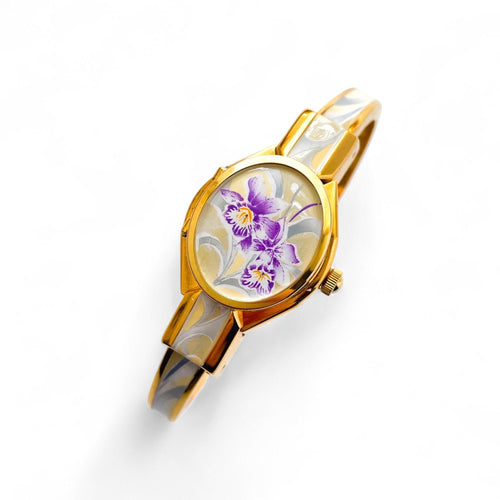 Vintage Andr√© Mouche Quartz Watch with Enamel Floral Design, Concealed Dial and Gold-Plated Bangle Bracelet - Boxed