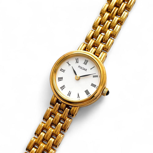 Vintage Ladies' Pulsar (by Seiko) Quartz Watch with Gold-Plated Bracelet and White Round Dial