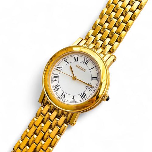 Vintage Unisex 90s Gucci 7300M Quartz Watch with Date Window and Gold-Plated Bracelet - Boxed