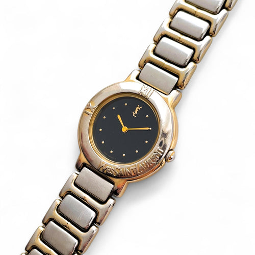 Vintage 1990s Yves Saint Laurent Ladies' Quartz Watch with Two-Tone Bracelet and Black Dial
