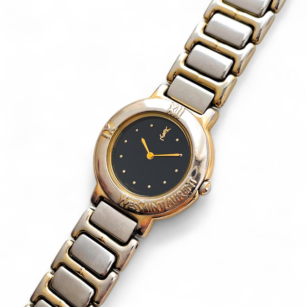 Vintage 1990s Yves Saint Laurent Ladies' Quartz Watch with Two-Tone Bracelet and Black Dial