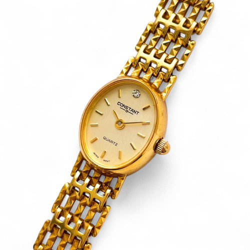 Vintage Ladies' Constant Gold-Plated Quartz Watch with Oval Dial and Bar Link Bracelet