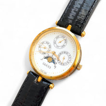 Load image into Gallery viewer, Very Rare Unisex 90s Gucci Moonphase Quartz Watch with Three Sub-Dials and Black Leather Strap
