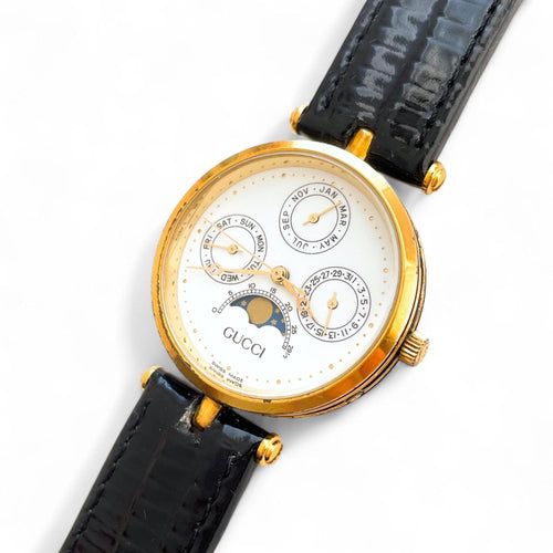 Very Rare Unisex 90s Gucci Moonphase Quartz Watch with Three Sub-Dials and Black Leather Strap