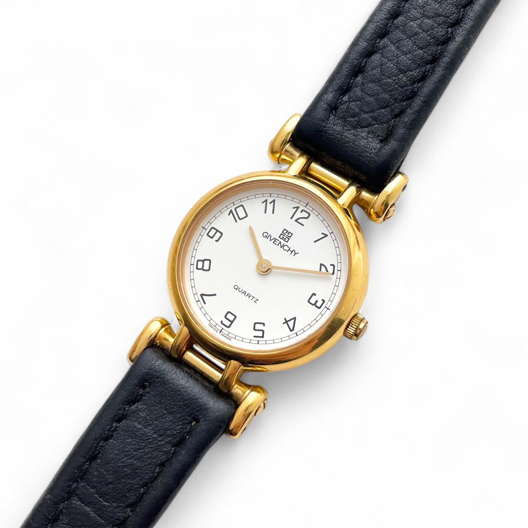 Vintage 1990s Gold-Plated Ladies' Givenchy Quartz Watch with Black Leather Strap