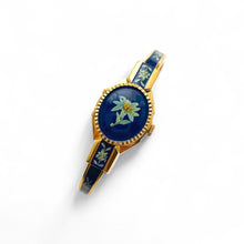 Load image into Gallery viewer, Vintage Andr√© Mouche Quartz Watch with Green and Navy Enamel Floral Design, Concealed Dial and Gold-Plated Bangle Bracelet - Boxed

