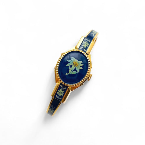 Vintage Andr√© Mouche Quartz Watch with Green and Navy Enamel Floral Design, Concealed Dial and Gold-Plated Bangle Bracelet - Boxed