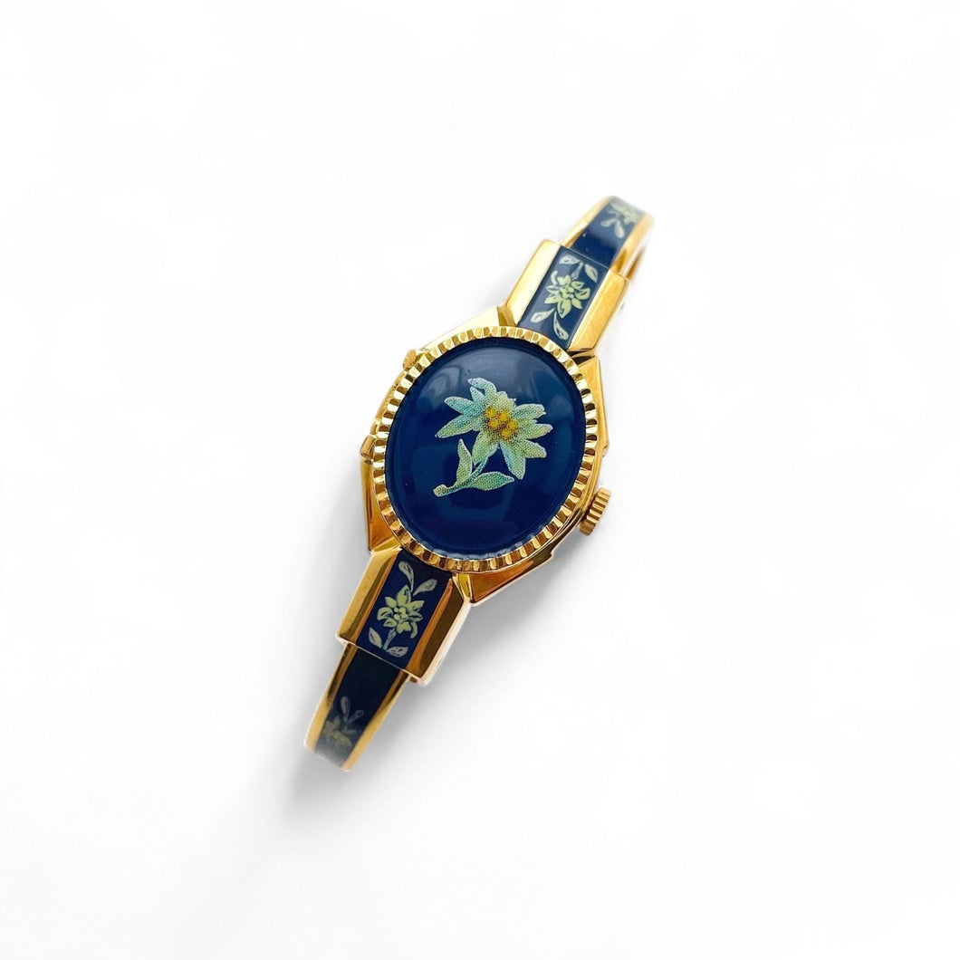 Vintage Andr√© Mouche Quartz Watch with Green and Navy Enamel Floral Design, Concealed Dial and Gold-Plated Bangle Bracelet - Boxed