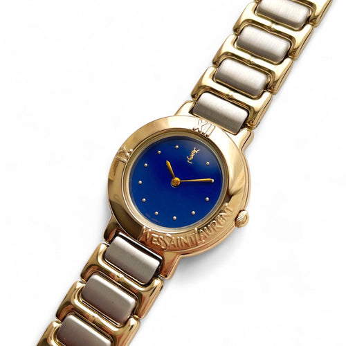 Vintage 1990s Yves Saint Laurent Ladies' Quartz Watch with Two-Tone Bracelet and Blue Dial