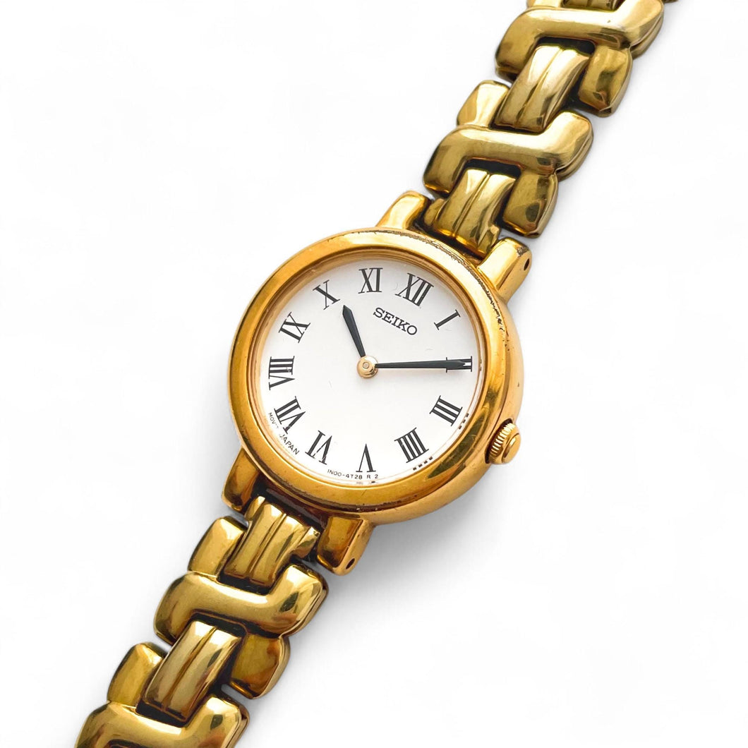 Vintage 1990s Gold-Plated Ladies' Seiko Quartz Watch with Round White Dial and Roman Numerals