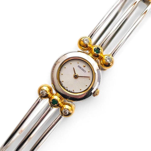 Very Rare 1990s Two-Tone Seiko Articulated Bangle Quartz Watch with Three Coloured Gemstones