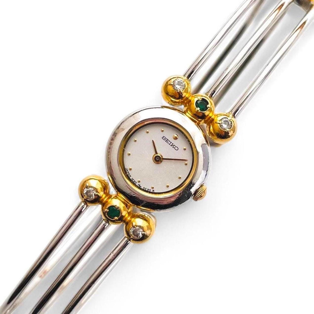Very Rare 1990s Two-Tone Seiko Articulated Bangle Quartz Watch with Three Coloured Gemstones