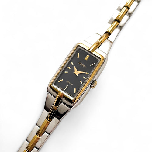 Vintage 1990s Two-Tone Ladies' Seiko Solar Watch with Black Rectangular Dial