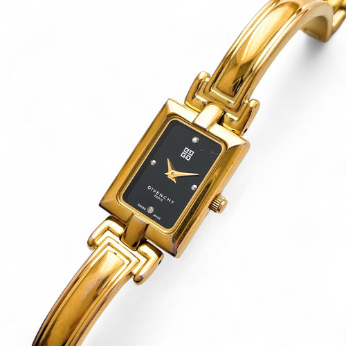 Vintage 1990s Gold-Plated Ladies' Givenchy 'Millesime' Bangle Quartz Watch with Black Rectangular Dial