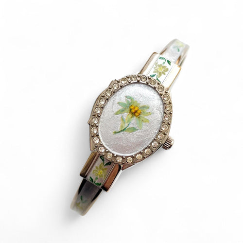 Vintage André Mouche Quartz Watch with Enamel Floral Design, Concealed Dial and Silver-Tone Bangle Bracelet