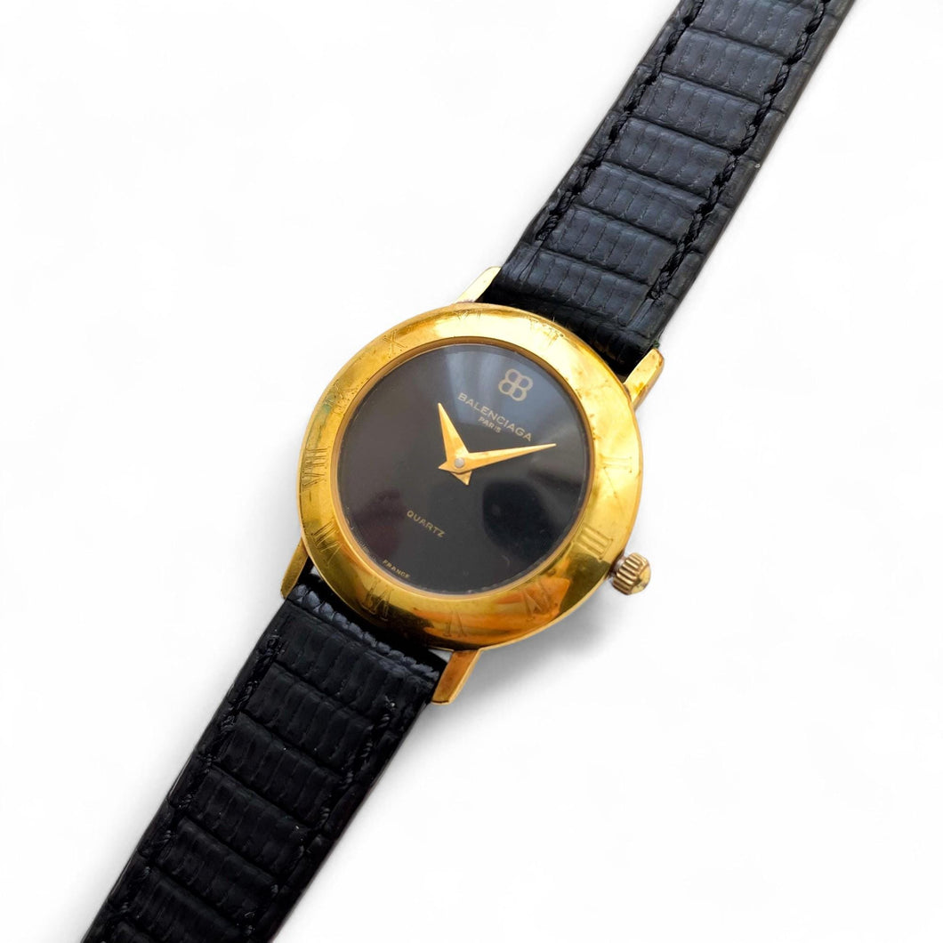 Vintage Gold-Plated Ladies' Balenciaga Quartz Watch with Black Round Dial and Leather Strap