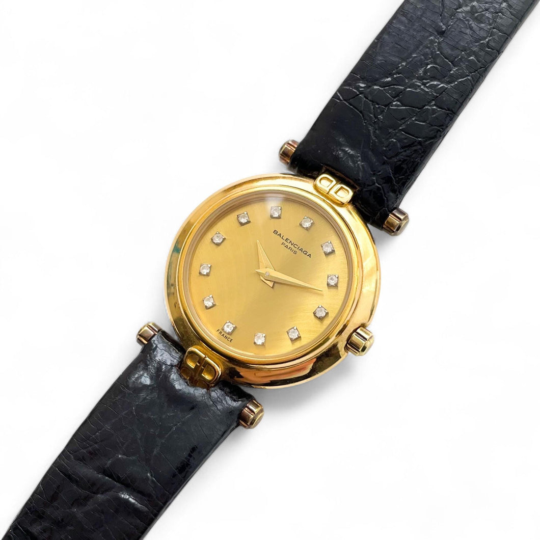 Vintage 1990s Gold-Plated Ladies' Balenciaga Quartz Watch with Diamond-Set Dial and Leather Strap