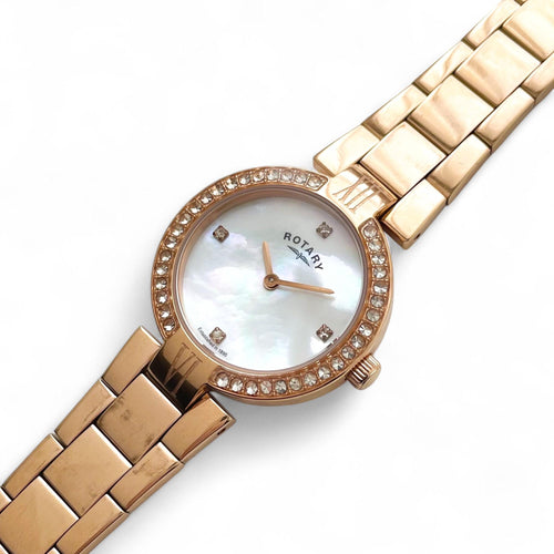 Ladies' Rotary Dolphin Quartz Watch With Rose Gold-Plated Bracelet and Mother of Pearl Dial