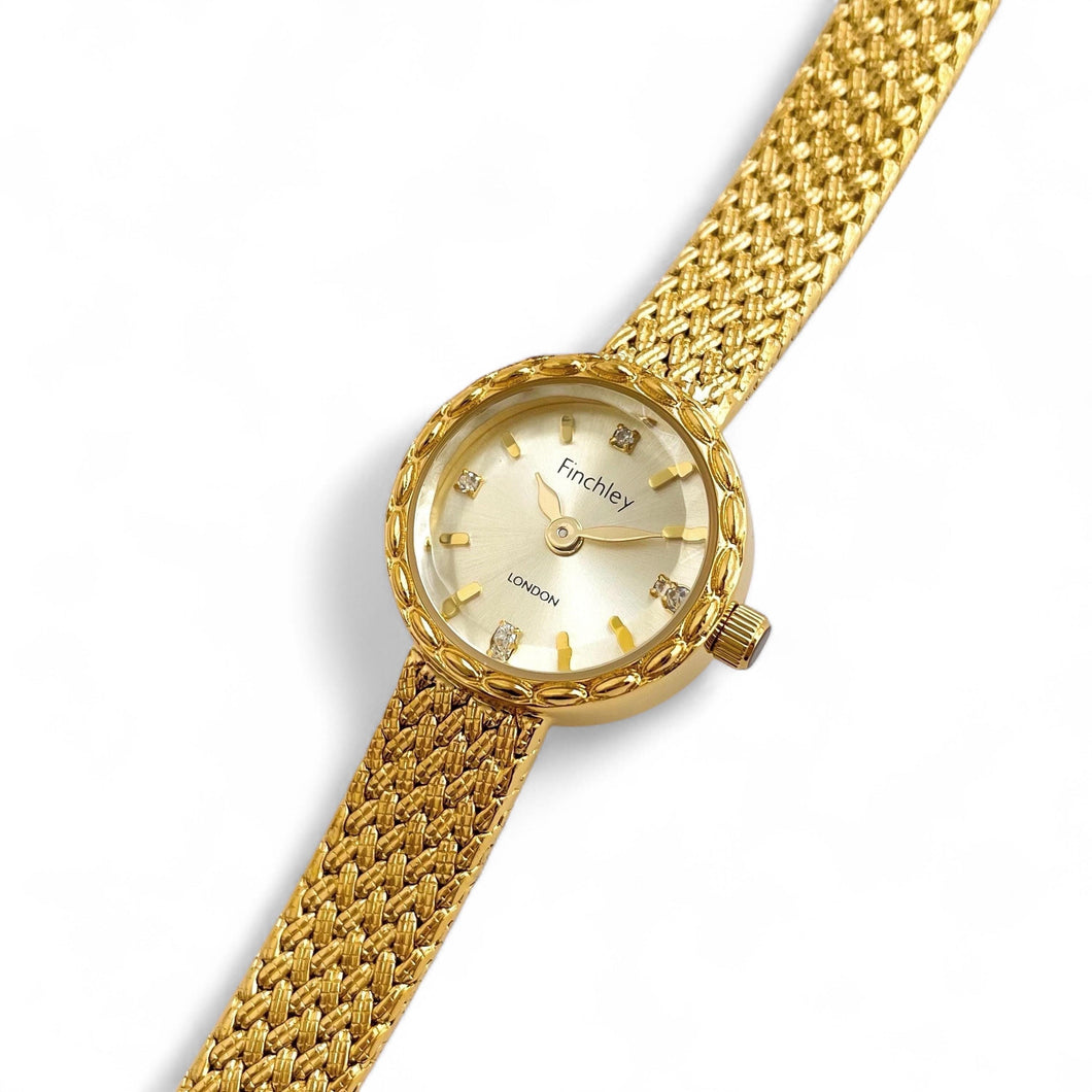 Elegant Retro 24k Gold-Plated Finchley Ladies' Quartz Watch with Mesh Bracelet and Faceted Glass