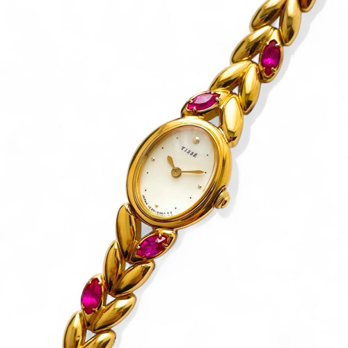 Very Rare 90s Gold-Plated Seiko Tiss√© Jewellery Quartz Watch with Tiny Dial, Thin Bracelet and 4 Rubies