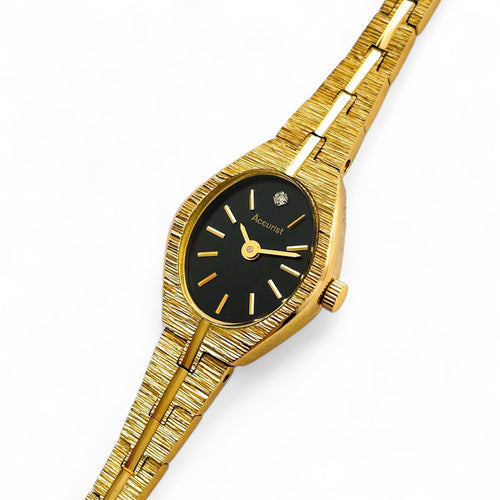 Vintage Gold-Plated Accurist Ladies' Quartz Watch with Black Oval Dial - Boxed