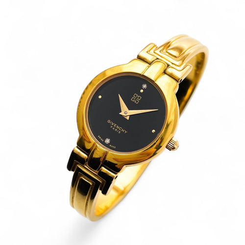 Vintage 1990s Gold-Plated Ladies' Givenchy 'Millesime' Bangle Watch with Black Dial and Quartz Movement