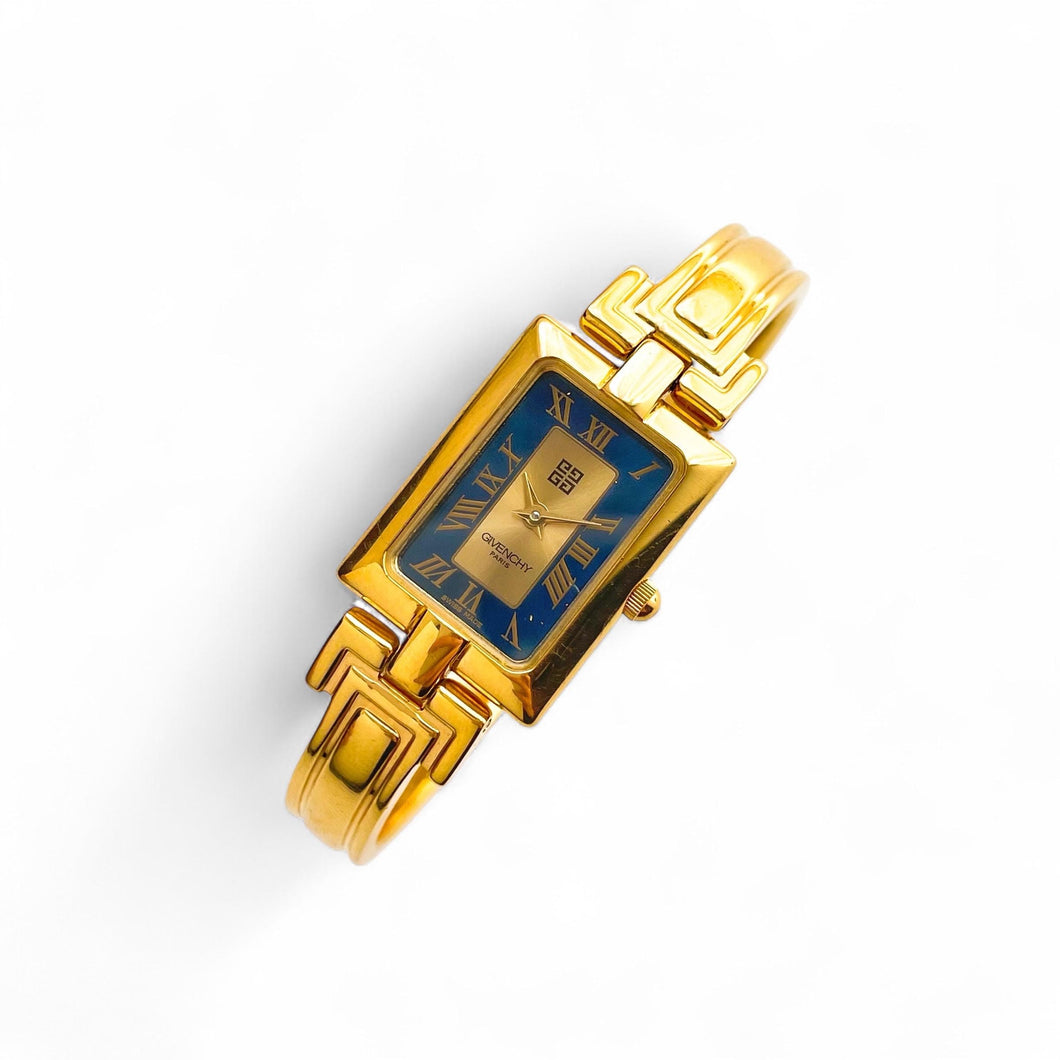 Vintage 1990s Gold-Plated Ladies' Givenchy 'Millesime' Bangle Quartz Watch with Black Rectangular Dial