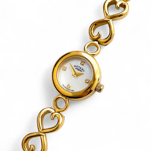 Vintage Ladies' Rotary Quartz Watch With Gold-Plated Bracelet, Mother of Pearl Dial and Heart Shaped Pattern