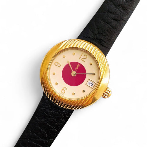 Vintage 90s Gold-Plated Yves Saint Laurent Ladies' Quartz Watch with Black Leather Strap - Boxed