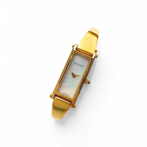 Vintage 1990s Ladies' Gold-Plated Gucci 1500L Bangle Quartz Watch with Rectangular Mother of Pearl Dial - Boxed