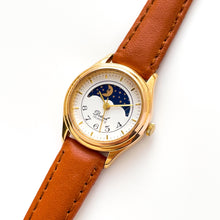 Load image into Gallery viewer, Vintage Ladies&#39; Sun &amp; Moon Quartz Watch with Tiny Dial and Brown Leather Strap
