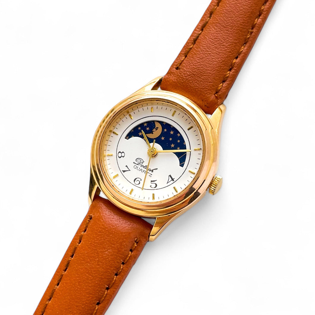 Vintage Ladies' Sun & Moon Quartz Watch with Tiny Dial and Brown Leather Strap
