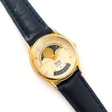 Load image into Gallery viewer, Vintage Ladies Zeon Moon Phase Quartz Watch with Black Leather Strap
