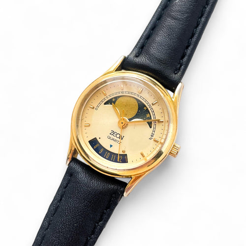 Vintage Ladies Zeon Moon Phase Quartz Watch with Black Leather Strap