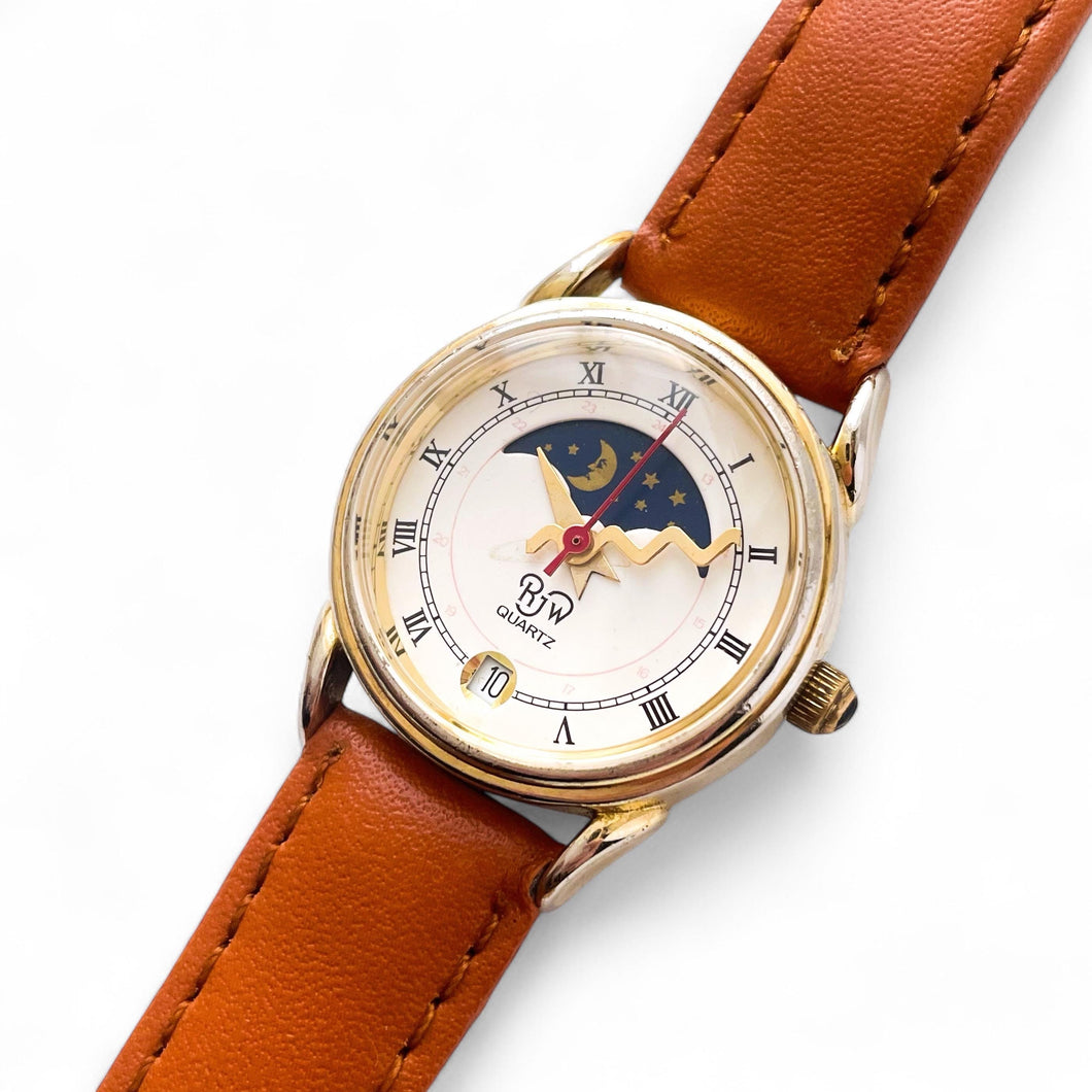 Vintage Ladies' RJW Sun & Moon Quartz Watch with Brown Leather Strap