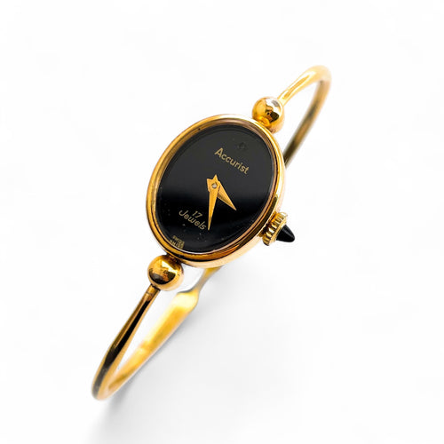 Vintage Gold-Plated Ladies' Accurist Mechanical Watch with bangle Bracelet and Black Oval Dial