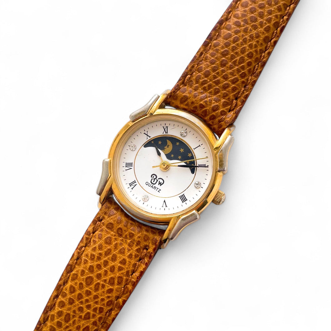 Vintage Ladies' RJW Sun & Moon Quartz Watch with Light Brown Leather Strap