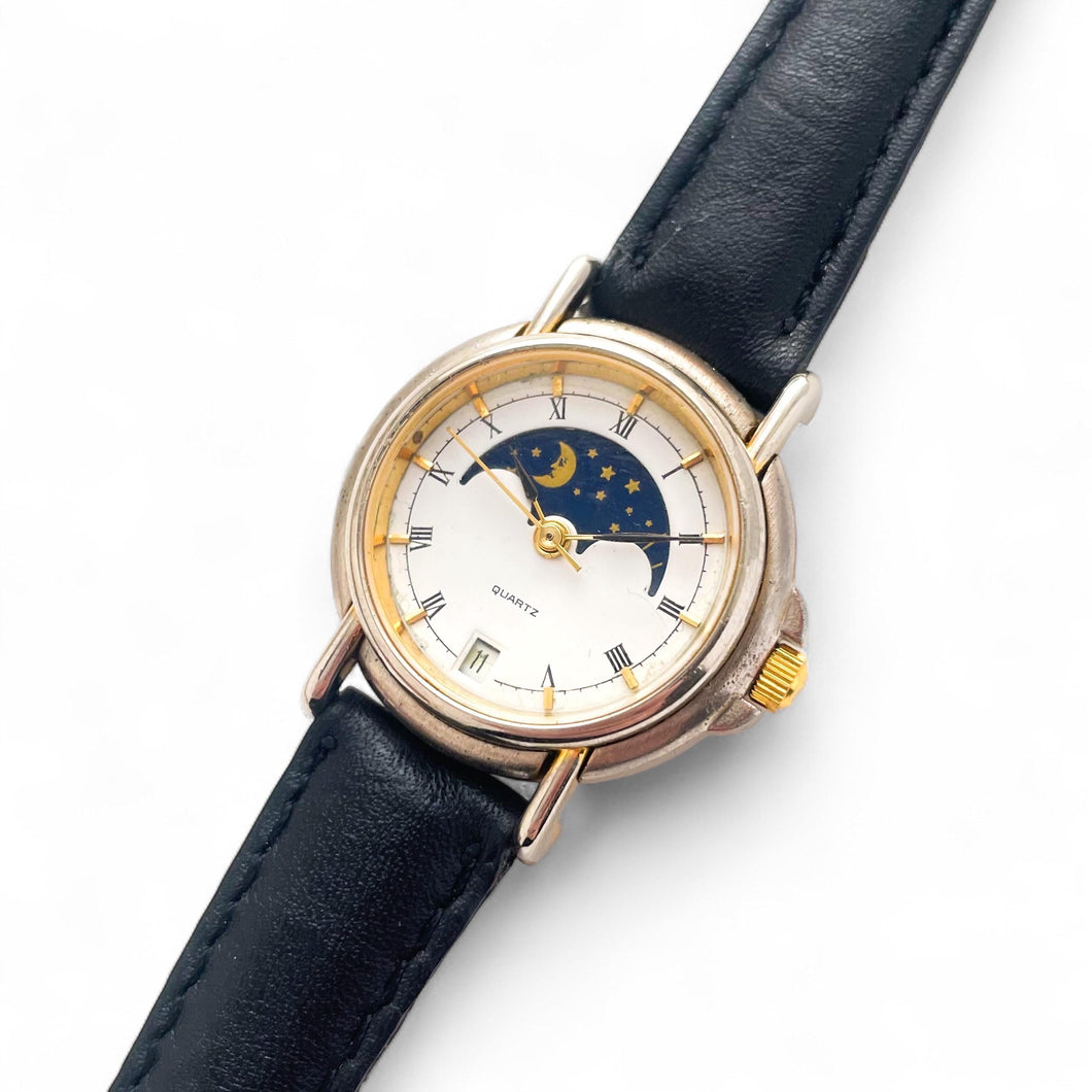 Vintage Ladies' Sun & Moon Quartz Watch with Black Leather Strap