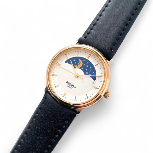 Vintage Unisex Constant Sun & Moon Phase Quartz Watch with Black Leather Strap