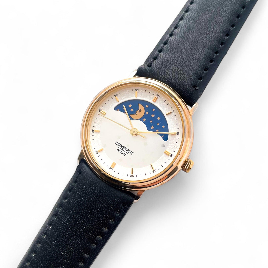 Vintage Unisex Constant Sun & Moon Phase Quartz Watch with Black Leather Strap