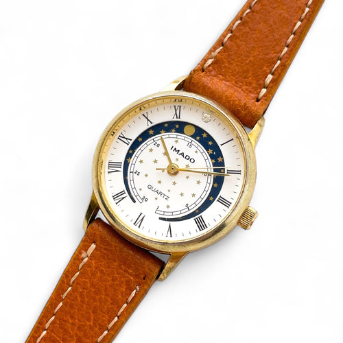 Vintage 90s Ladies' Imado Sun & Moon Phase Quartz Watch with Brown Leather Strap