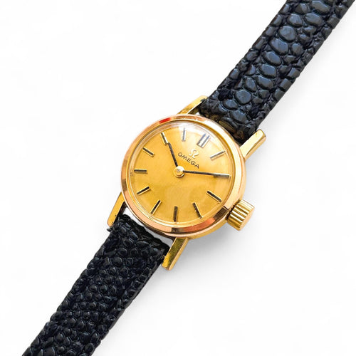 Tiny 1970s gold-plated Omega Ladies' Vintage Mechanical Watch with Black Leather Strap