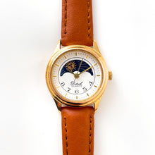Load image into Gallery viewer, Vintage Ladies&#39; Sun &amp; Moon Quartz Watch with Tiny Dial and Brown Leather Strap
