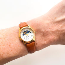 Load image into Gallery viewer, Vintage Ladies&#39; Sun &amp; Moon Quartz Watch with Tiny Dial and Brown Leather Strap
