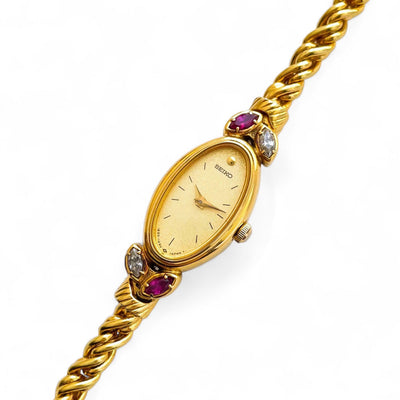 Very Rare 90s Gold-Plated Seiko Jewellery Quartz Watch with Tiny Dial, Thin Bracelet 2 Rubies and 2 Diamonds
