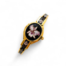Load image into Gallery viewer, Vintage André Mouche Quartz Watch with Black and Purple Enamel Floral Design, Concealead Dial and Gold-Plated Bangle Bracelet
