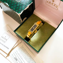Load image into Gallery viewer, Vintage Ladies&#39; Gold-Plated Gucci 1500L Bangle Quartz Watch with Black Rectangular Dial - Boxed
