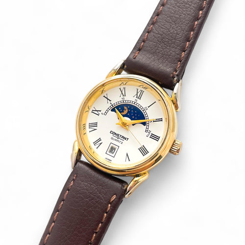 Vintage Ladies’ Constant Sun & Moon Phase Quartz Watch with Brown Leather Strap