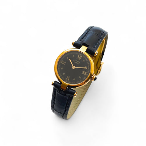 Ladies' Vintage 1989 Cartier Must Vendome Vermeil Quartz Watch - Gold-Plated Silver 925 with Black Dial - With Original Box and Papers